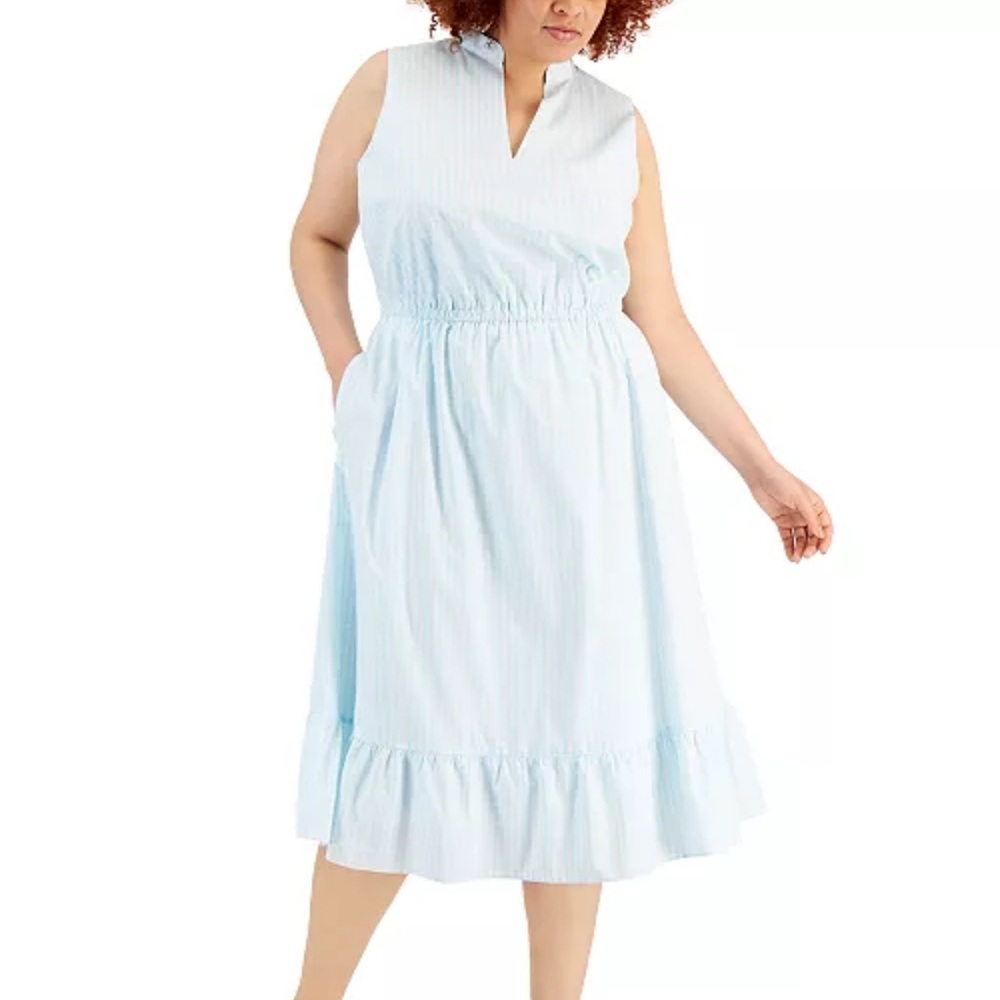 Anne Klein Dress Women XL Blue White Gingham Ruffle V-neck Brunch Cottage core